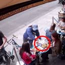 Pickpocket steals woman’s phone while she eats at restaurant.