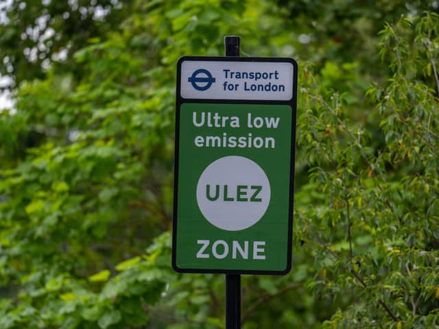 An Ultra Low Emission Zone (ULEZ) sign (Photo by Carl Court/Getty Images)