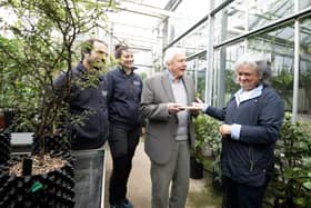 Paul Rees, Nursery Manager; Alex Baribeau, Tropical Nursery Supervisor; Sir David and Dr Sonia Haoa Cardinali. Credit: Jeff Eden © RBG Kew