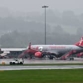 Jet2 passenger jets parked up on the runway at Leeds Bradford Airport.