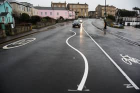 The wiggly road markings on the seafront in Clevedon, Somerset.