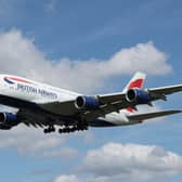 A British Airways Airbus-A380-841 comes in to land at Heathrow Airport in April 2024.
