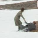 Neil Kinnock falls over on Brighton seafront in 1983.