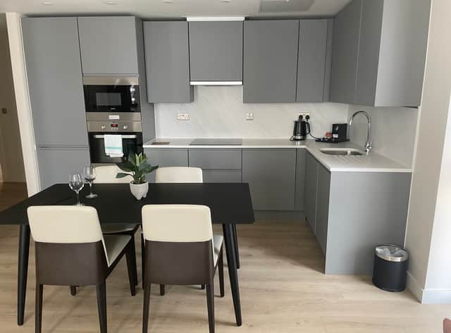 The kitchen in an apartment at City Suites II Aparthotel, Manchester. Photo by Rochelle Barrand.
