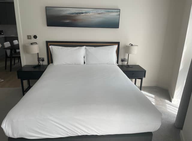 The bedroom in an apartment at City Suites II Aparthotel, Manchester. Photo by Rochelle Barrand.