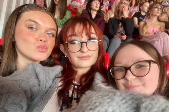 Grace McAleavy, 18, with friends at the Taylor Swift concert in Liverpool's Anfield Stadium on Friday