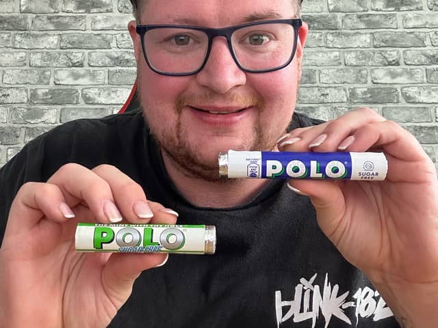 John Junior with The Sugar Free Polo Mints (green and white) from 1997 and a modern day packet of Sugar Free Polo Mints. 