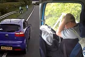 Lorry driver crashes into car after looking at phone.