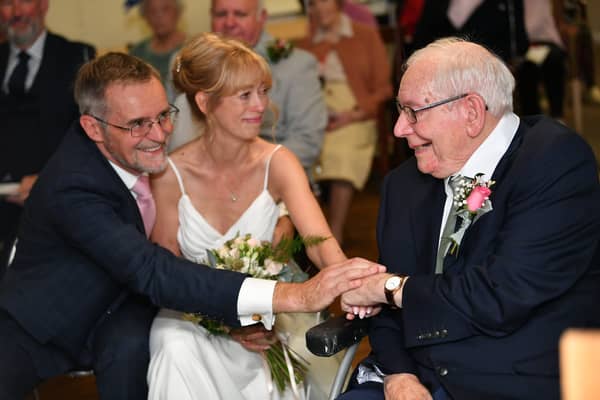 Henry Clayton at the wedding blessing with daughter Fiona Butler-Clayton and her husband.