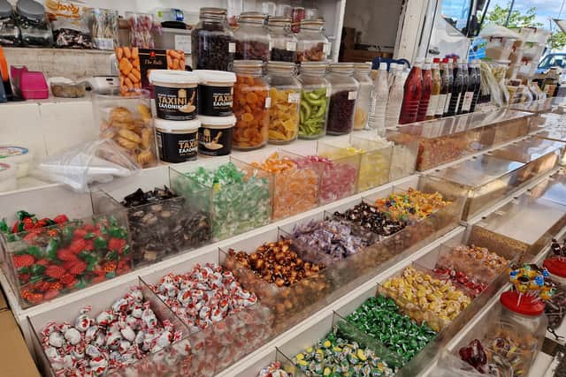 The Nea Moudania market boasts plenty of food and clothing stalls.