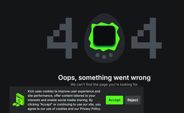 404 error message on Jack Doherty's Kick page. Photo: Kick screenshot