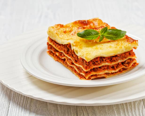Lasagne, pasta, meat, cheese, Italian food, garnish, stock image
