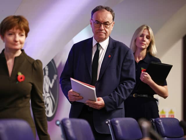 Bank of England Governor Andrew Bailey (C) attends the central bank's Monetary Policy Report press conference at the Bank of England on 7 November 2024 (Photo: Henry Nicholls - WPA Pool/Getty Images)