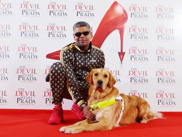 Bill with his Guide Dog handler Mohammed Ibrahim on the red carpet of The Devil Wears Prada at Dominion Theatre