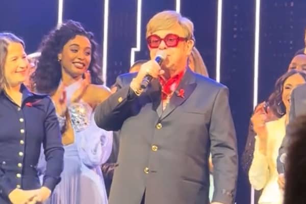 Elton John speaks at a gala performance of The Devil Wears Prada musical.