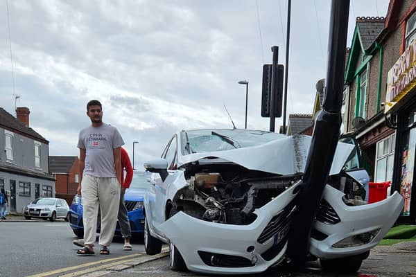 Shocking footage shows the moment a pedestrian was thrown into the air by an out on control car in a hit and run. 