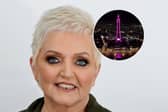 Linda Nolan has sadly passed away, aged 65. Inset: Tower lit up pink for Linda