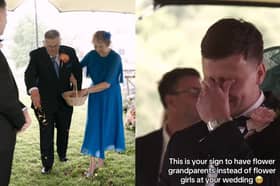 Groom’s grandparents walk down the aisle instead of flower girls.