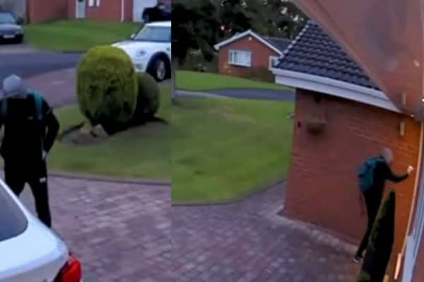Burglar tries to knock on homeowner's front door.