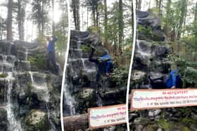 Matt Horsfall, 39, scaled the rocks forming the waterfall at Dockber Farm near Sawley in Lancashire when he was attending the Beat-Herder music festival. He ignored a 'do not enter' sign which warned of "sharp rocks" and said the "water is poison" to pose for a video