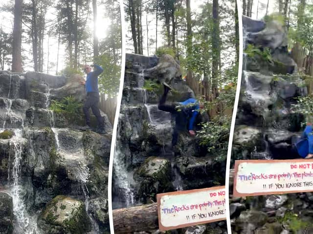 Matt Horsfall, 39, scaled the rocks forming the waterfall at Dockber Farm near Sawley in Lancashire when he was attending the Beat-Herder music festival. He ignored a 'do not enter' sign which warned of "sharp rocks" and said the "water is poison" to pose for a video