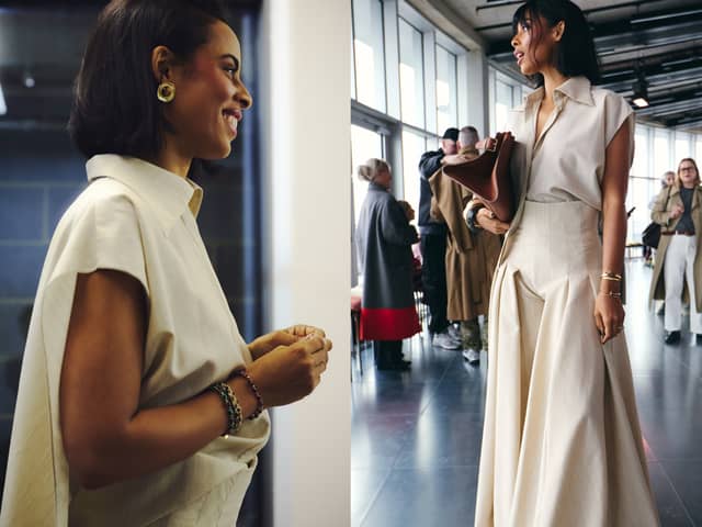 Rochelle Humes at the ROKSANDA LFW A/W show on February 23, showcasing an outfit from the designer’s extensive archive that has been renewed with Dylon Detergent.
