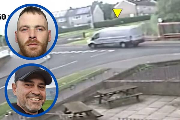 Ross (pictured top inset) was found guilty of murder after  purposely crashing into a parked car to kill Claudiu-Carol Kondor (pictured bottom inset) who was hanging onto the door of his own van to prevent it from being stolen. 