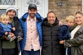 Bethany Fletcher and partner Dylan Naylor with kids Theo and Louis, and actor Stephen Graham, outside their home used for filming in hit Netflix series Adolescence.
