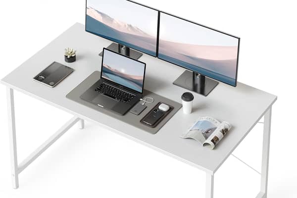 CubiCubi modern white office desk with metal frame and wide top

