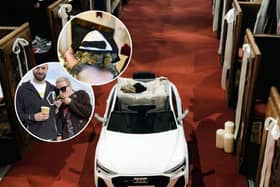 Charlotte and Joe Dawson, had their pet tortoise, Tyrion, five, roll down the aisle in style as one of Joe's groomsmen. 