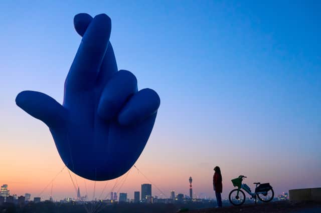 The National Lottery launched a crossed fingers balloon above London’s Primrose Hill.