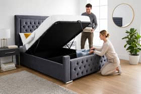 The Velvet Hilton Bed includes a 46-inch upholstered headboard and memory sprung mattress, with optional lift-up ottoman storage
