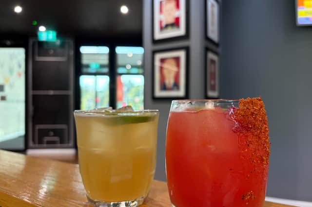 Cocktails at Hotel Football’s bar in Manchester, just across the road from Old Trafford.