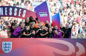 LEICESTER, ENGLAND - JUNE 29: Players of England take part in a post match send off celebration ahead of the UEFA Women's Euro 2025 tournament after the Women's international friendly match between England and Jamaica at The King Power Stadium on June 29, 2025 in Leicester, England. (Photo by Clive Mason/Getty Images)