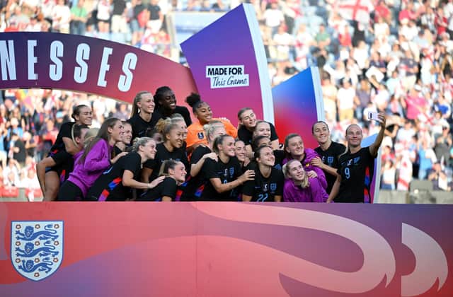 LEICESTER, ENGLAND - JUNE 29: Players of England take part in a post match send off celebration ahead of the UEFA Women's Euro 2025 tournament after the Women's international friendly match between England and Jamaica at The King Power Stadium on June 29, 2025 in Leicester, England. (Photo by Clive Mason/Getty Images)