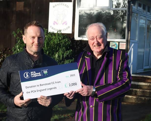 Ali Brown (left) has awarded Banstead Cricket Club £2,000 as part of his prize in winning the 2023 PCA England Legends Player of the Summer award. Picture contributed