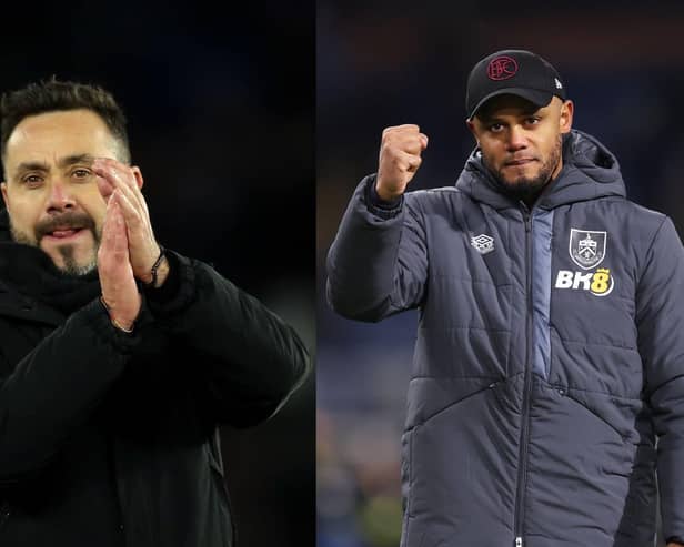 Brighton boss Roberto De Zerbi and Burnley manager Vincent Kompany. Picture: Getty