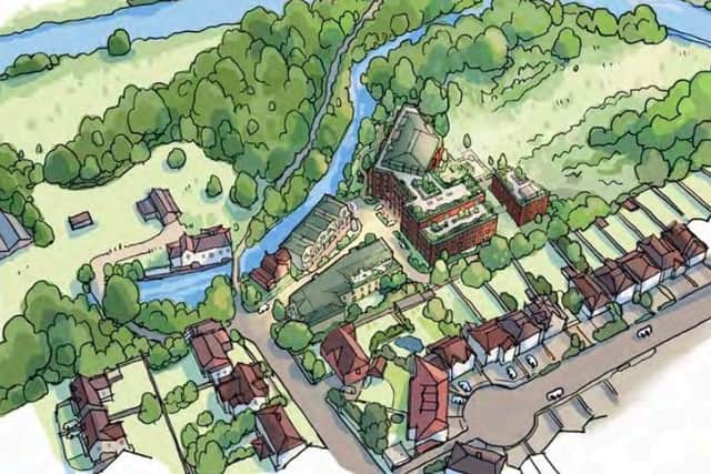 Artist impression of the aerial view of the proposed development in East Molesey by the River Ember. (Credit: Assael Architecture/ Elmbridge Borough Council planning documents) Permission for LDRS partners to use