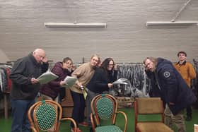 Some of the cast in rehearsal for Clue: On Stage (The Archway Theatre, Horley, Surrey; 30 April to 10 May 2025)