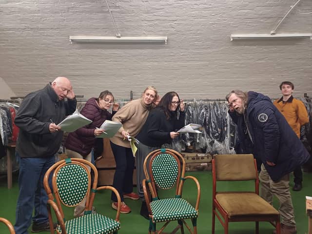Some of the cast in rehearsal for Clue: On Stage (The Archway Theatre, Horley, Surrey; 30 April to 10 May 2025)
