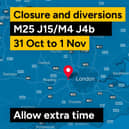 Motorists travelling on the M25 are being warned of an overnight closure at junction 15 after planned work near Heathrow Airport was postponed due to adverse weather conditions. Picture courtesy of National Highways: South-East