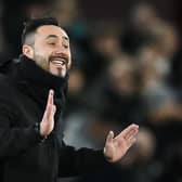 Brighton's Italian head coach Roberto De Zerbi reacts during the 0-0 draw at West Ham last night