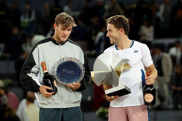 Jack Draper, 23, reached his first clay-court final without dropping a set in Madrid – but fell just short against Norway’s Casper Ruud (right) in an enthralling three-set match. (Photo by OSCAR DEL POZO/AFP via Getty Images)