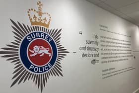Surrey Police ethics print on wall at Mount Browne HQ. (Credit: Emily Dalton/LDRS)