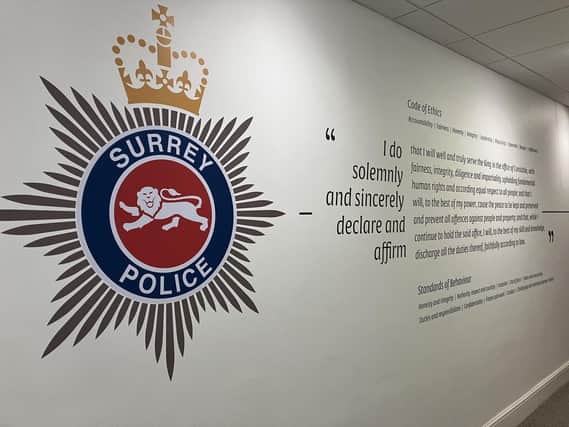 Surrey Police ethics print on wall at Mount Browne HQ. (Credit: Emily Dalton/LDRS)