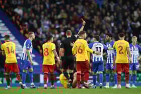Brighton were leading 1-0 when Mahmoud Dahoud stepped on Ben Osborn’s leg, leading to a straight red card. (Photo by Steve Bardens/Getty Images)