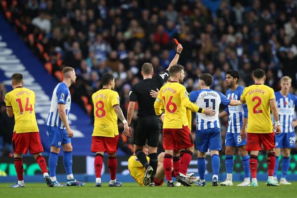 Brighton were leading 1-0 when Mahmoud Dahoud stepped on Ben Osborn’s leg, leading to a straight red card. (Photo by Steve Bardens/Getty Images)