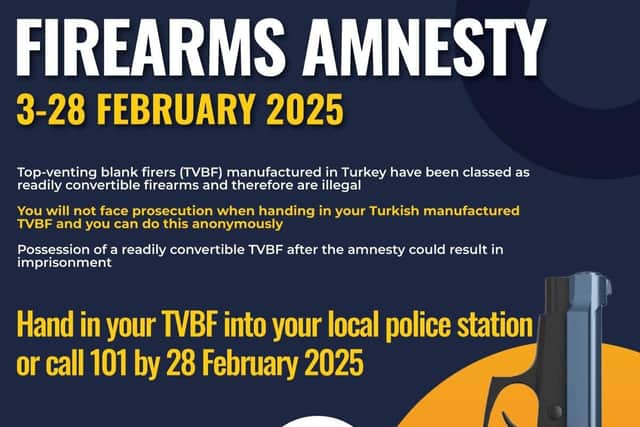 Surrey Police and Sussex Police are joining other forces across the country and holding a four-week firearms amnesty for Turkish-manufactured top-venting blank firers (TVBFs), which from the start of March will be illegal to possess. Picture: Sussex and Surrey Police