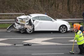A woman was taken to hospital in a ‘serious condition’, while two others sustained ‘minor injuries’, following a five-vehicle collision on the M23. Picture by Eddie Mitchell