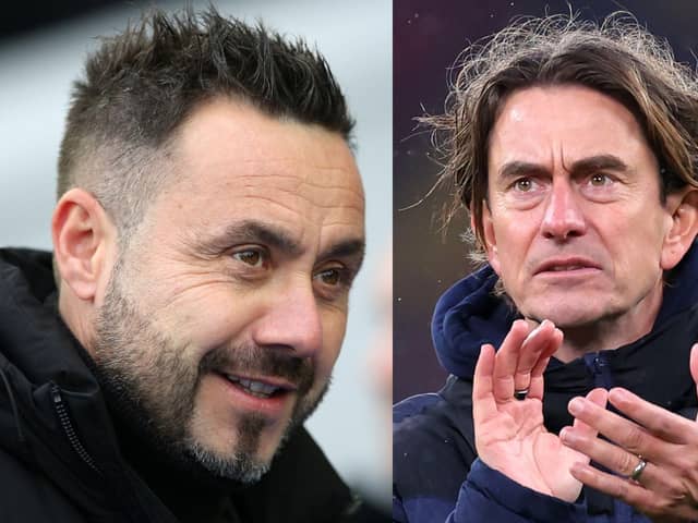 Brighton manager Roberto De Zerbi and Brentford boss Thomas Frank face off at the Amex on Wednesday night. Picture: Getty